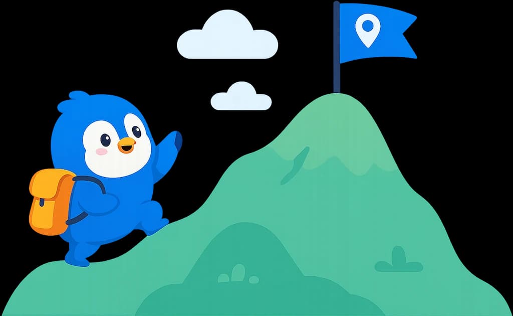Bud climbing a mountain to plant the map-pin flag at the top